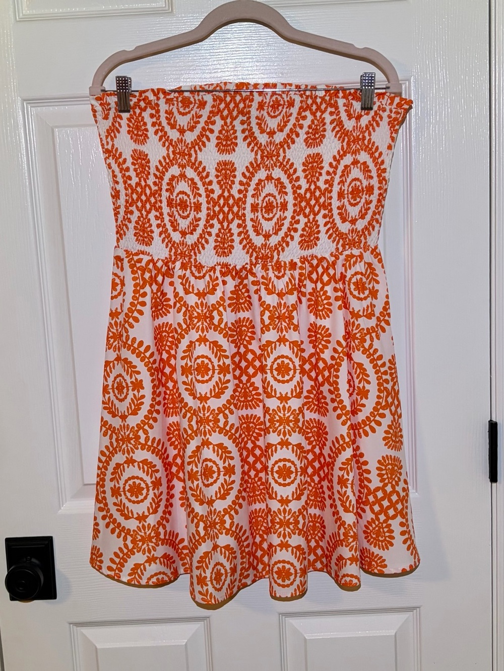 Shein Strapless Summer Sexy Orange & White Printed Ruffle Smocked Sundress. XL